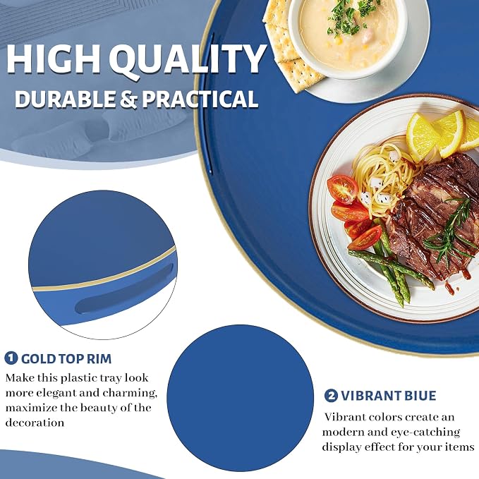 13" Blue Decorative Tray, Plastic Round Serving Tray with Handles | Decorative Tray for Coffee Table, Modern Ottoman Tray, Circle Tea Tray, Round Melamine Tray for Living Room, Bathroom