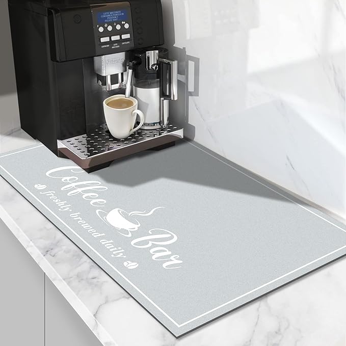 CooRug Fashion Coffee Mat, Dish Drying Mat 12" x 20" Light Grey | Hide Stain, Absorbent, Coffee Bar Accessories, Heat Resistant, Non-slip, Eco-friendly, Easy to Clean