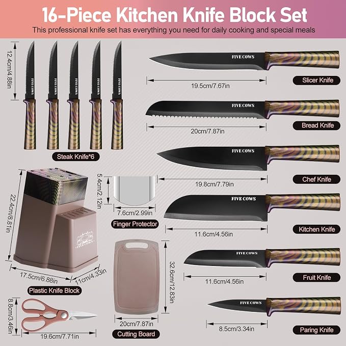 16-Piece Kitchen Knife Block Set with Cutting Board - German Stainless Steel Knives, Built-In Sharpener, Dishwasher Safe, Anti-Slip Handle - All-in-One Cutlery Set for Home/Kitchen (Pink)