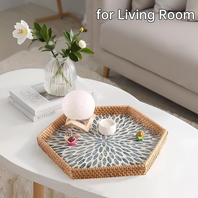 Hexagon Rattan Tray with Mother of Pearl Inlay, Rattan Serving Tray for Coffee, Bread, Fruits, Snacks, Decorative Wicker Tray for Table Decor, Home Decor (Light Blue Leaves, 14.5"×12.8")