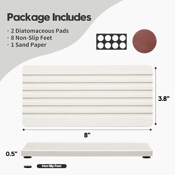 2PCS Diatomite Quick Stone Drying Tray Mat for Bathroom & Kitchen Counter, Instant Dry Water Absorbent Drink Bar Coasters,Vanity Sink Caddy Organizer,Dish Soap Sponge Holder, Ivory,8"x3.8"