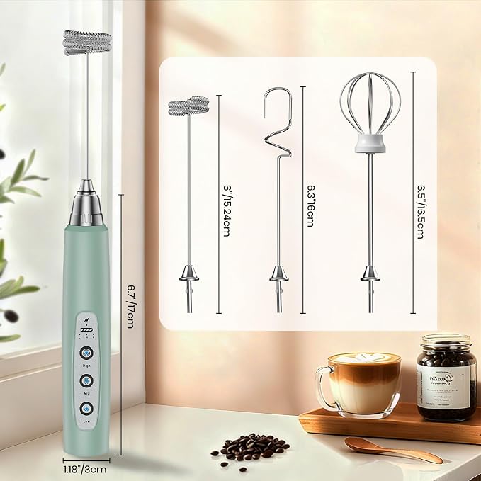 Colarlemo Milk Frother Handheld Rechargeable, Frother Wand Drink Mixer Electric Whisk for Coffee, Detachable With 3 Stainless Whisks, Hand Mixer for Lattes, Cappuccino, Matcha, No Stand, Sage Green