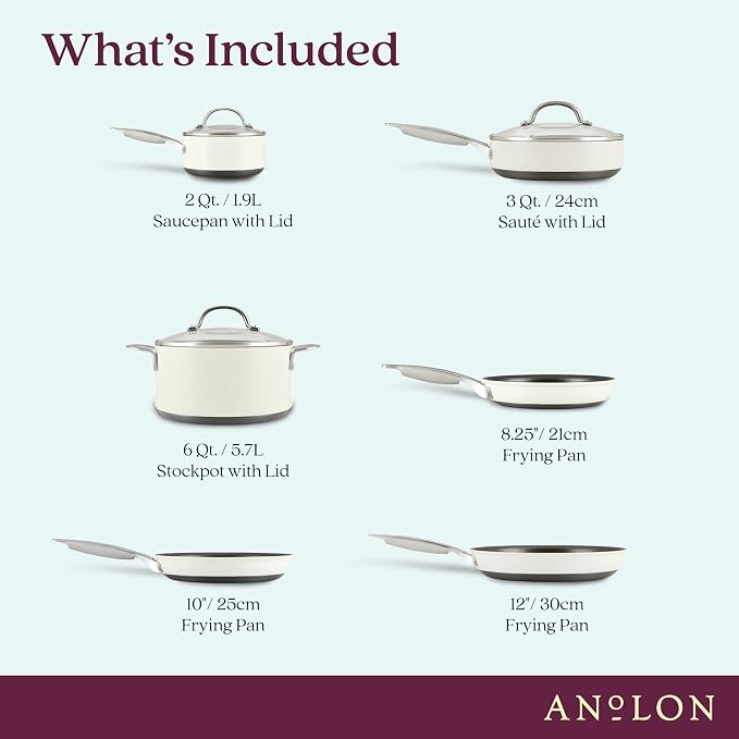 Anolon Achieve Hard Anodized Nonstick Cookware Pots and Pans Set, 9 Piece - Cream