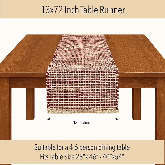Natural Jute Table Runner 13x72 Inch – Vintage Boho Rustic Table Decor – Handwoven Table Runner in Natural Jute and Red – Farmhouse Dining or Console Table Accent