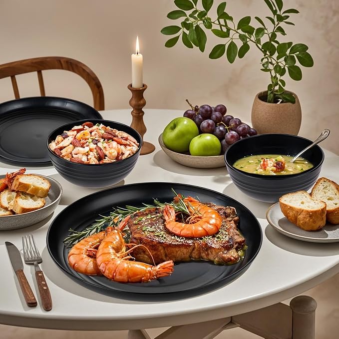 24pc Black Wheat Straw Dinnerware Set, Unbreakable Dish Set for 6 | 24pc matte black wheat straw dinnerware set for 6. Lightweight, unbreakable, microwave & dishwasher safe kitchen dish set.