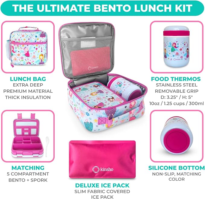 kinsho Bento Lunch Box Set with Thermo, Bag & Ice Pack, Pink Fairy Princess | 5 Compartments, Removable Tray, Small Meal Snack Container Girls Toddlers, Daycare Pre-School Kindergarten, Steel Food Jar
