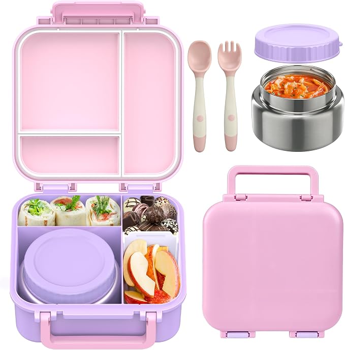 Kids Bento Lunch Box with Soup Thermo (9oz)– Hot & Cold Lunch Container with Leak Proof Insulated Food Jar for School Girls Boys, Ideal Size for Ages 3 to 7, Pink/Purple