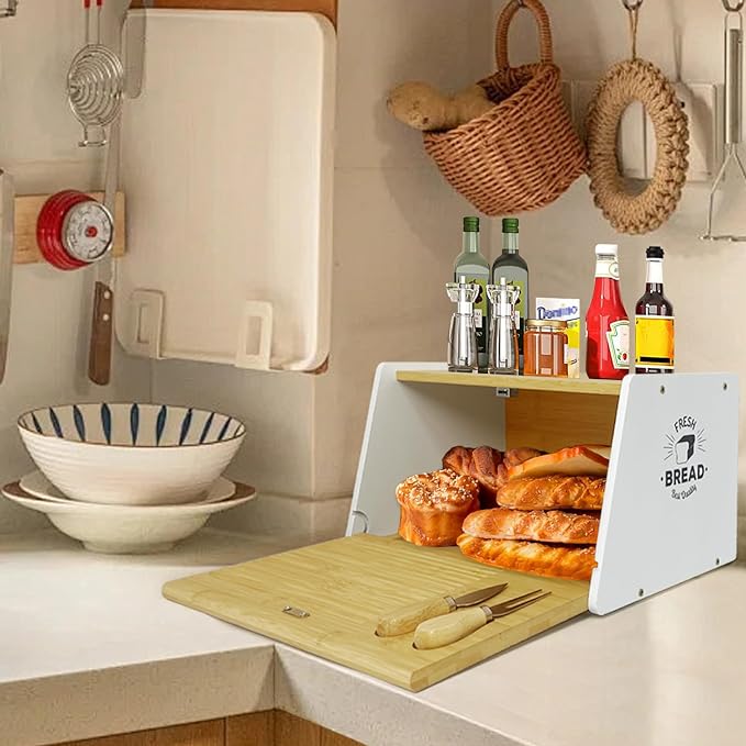 MinBoo Bamboo Bread Box for Kitchen Countertop with Cutting Board & Knife, Bread Storage Container Bin, Bread Container for Homemade Bread Wooden Bread Storage Capacity