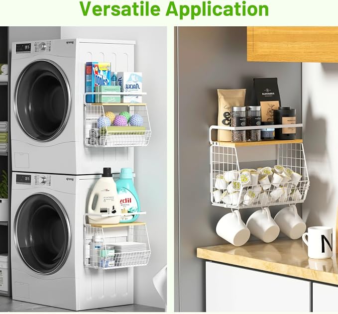 Magnetic Fridge Shelf with Wood Lid, Fruit Potato Onion Storage Bins, Pantry Organizers, Large Container Spice Rack for Refrigerator, Kitchen Counter, Cabinet (1, White)