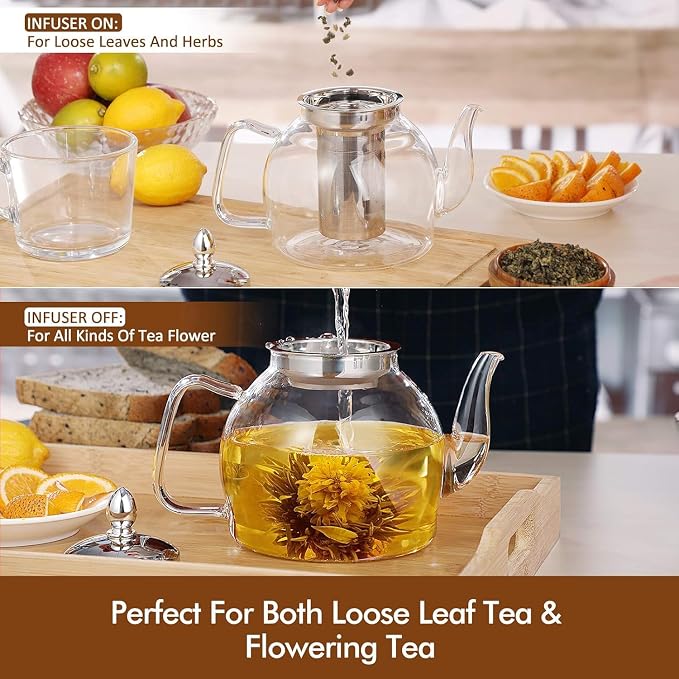 HIWARE 1500ml Glass Teapot with Removable Infuser, Stovetop Safe Tea Kettle, Blooming and Loose Leaf Tea Maker Set
