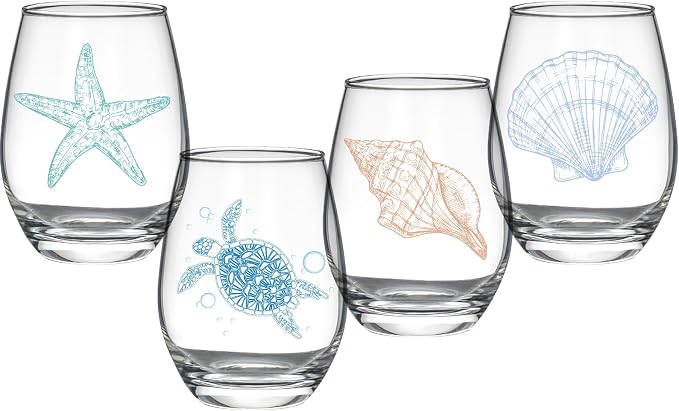 FACOYANS Ocean Themed Stemless Wine Glasses (17 oz, Set of 4) - Printed Sea Turtle, Starfish, Coastal Shell Designs - Beach House Glassware And Wine Gifts for Women, Mom, Birthdays