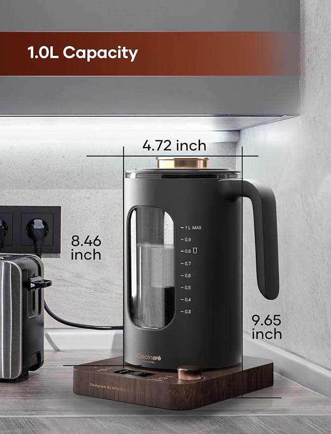 INTASTING Electric Tea Kettle with Infuser, 1℉ Temperature Control, 1 Liter | 1200W Fast Heating, BPA-Free Glass, Easy to Clean, Keep-warm, Auto shut-off, Wood