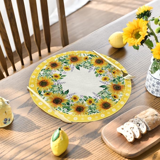 Artoid Mode Leaves Sunflower Round Summer Placemats Set of 4, 14 Inch Seasonal Holiday Round Table Mats for Party Kitchen Dining Decoration
