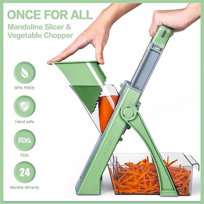 ONCE FOR ALL Safe Mandoline Slicer Plus, Bigger Size, Veggie Slicer, Green | 0.1-8mm Adjustable Vegetable Food Chopper, Kitchen Mandoline Slicer Stainless Steel, Detachable Blade, Dishwasher-safe, Gift