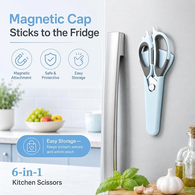 4-Pack Heavy Duty Kitchen Shears, Multi-Color Set (White/Green/Pink/Blue), Stainless Steel, Come-Apart Design Easy Cleaning, Multi-Purpose Cooking Scissors with Magnetic Holder for Fridge Organization