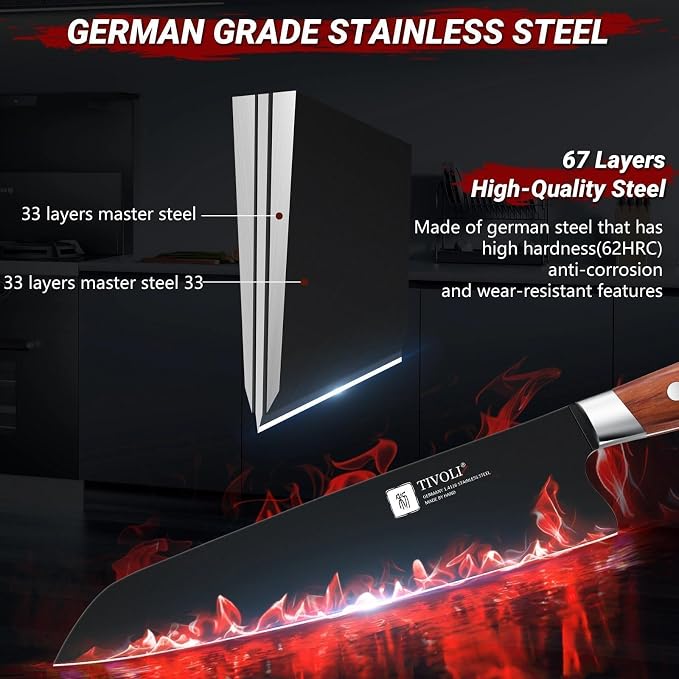 TIVOLI Chef Knife 8 Inch - Cooking Knife Ultra Sharp Deep Cutting Knives | German High Carbon Stainless Steel, Full Tang Ergonomic Wood Handle, Gift Box, Stain Resistant & Easy to Clean, for Cooking