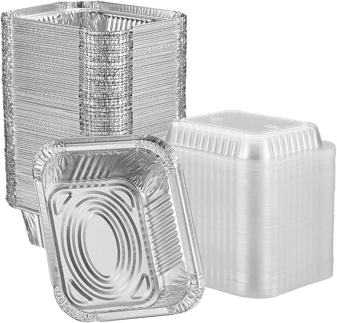 GUSTO 1 lb Disposable Aluminum Foil Takeout Pans with Clear Dome Lids, 5" x 4" – [100 Count] Great for Baking, Cooking, Storage, and Freezing (Formerly Comfy Package)