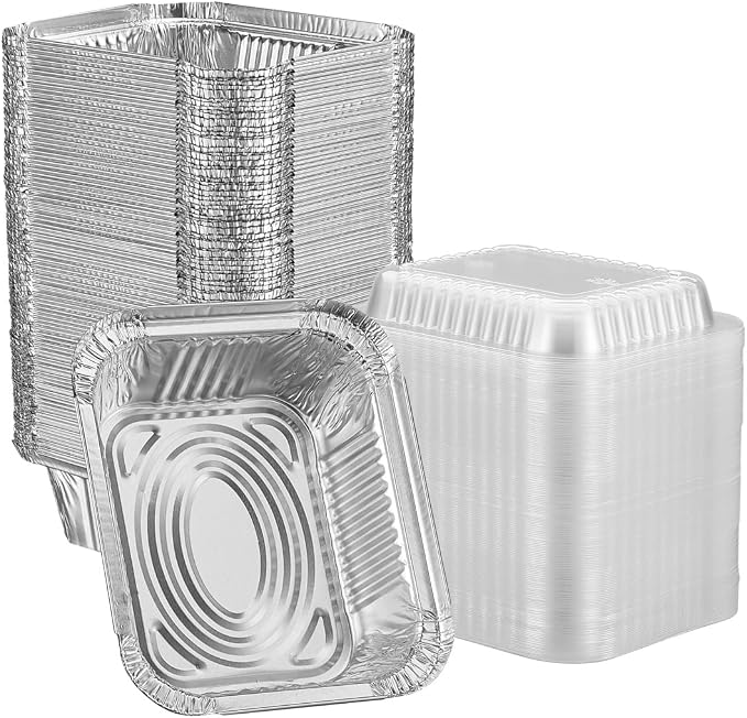 GUSTO 1 lb Disposable Aluminum Foil Takeout Pans with Clear Dome Lids, 5" x 4" – [50 Count] Great for Baking, Cooking, Storage, and Freezing (Formerly Comfy Package)