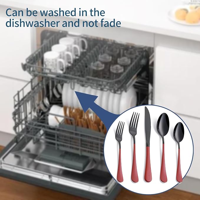 20-Piece Red Silverware Set 18/0 Stainless Steel Black Silverware Set Red Handle Cutlery Set Service for 4 Dinner Knives Forks Spoons Set Black Flatware SetFinish Dishwasher Safe