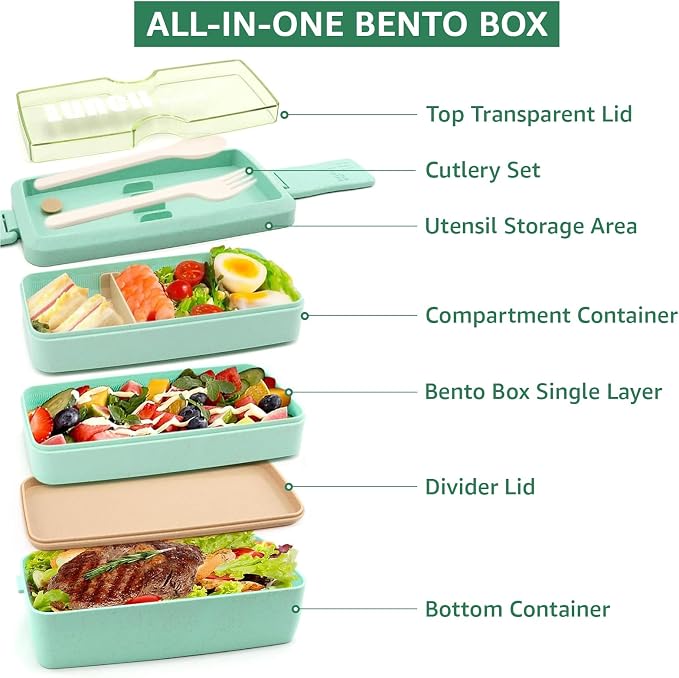 35Pcs Japanese Bento Box for Adults&Kids Lunch Box Kit Leakproof Wheat Straw Eco-Friendly 3 Compartment Stackable Lunch Box with Containers for Teen Prepy Boy (Green)