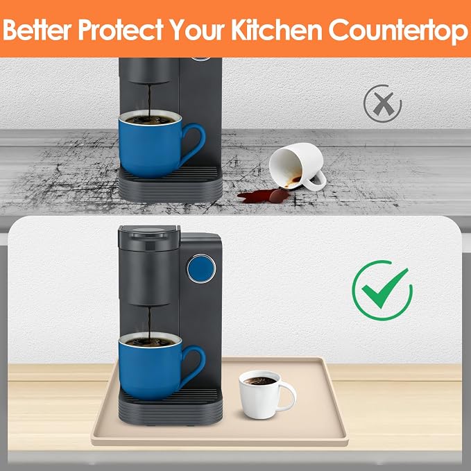 Silicone Coffee Maker Mat with Lip for Countertops, 15.7'' x 11.8'', Khaki | Multi leak-proof coffee tray for countertop, non-slip silicone mat fits most coffee makers & espresso machines, wipe-clean