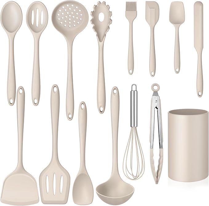Homikit 15-Piece Kitchen Cooking Utensil Set, Silicone Utensils with Holder | Kitchen Gadgets Tools include Slotted Spatula Ladle Turner for Nonstick Cookware, Heat Resistant & Dishwasher Safe, Khaki
