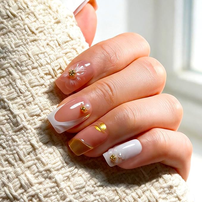 Press on Nails, 6 Packs (144 Pcs) Medium Square French Sets, Pink Charms