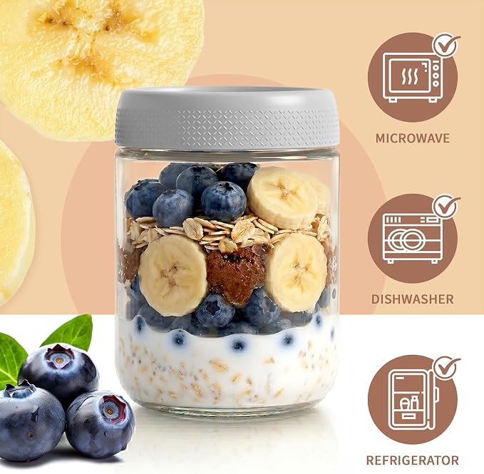 Mason Jars 16 oz with Lids, Yogurt Containers with Lids, Overnight Oats Jar | Parfait Cups with Lids for Oatmeal, Glass Jar with Lid for Storage, Food, Pudding, Sugar, Salad, Snack, Kitchen, Jam, Gray