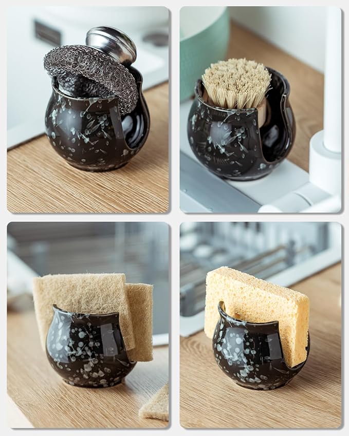Zoeeker Kitchen Sponge Holder, Ceramic Dish Sponge Holder for Kitchen Sink | Scrub Sponge Dish Rack Sink Caddy Organizer Brush Holder Kitchen Storage Accessories for Bathroom, Sink, Countertop, Black