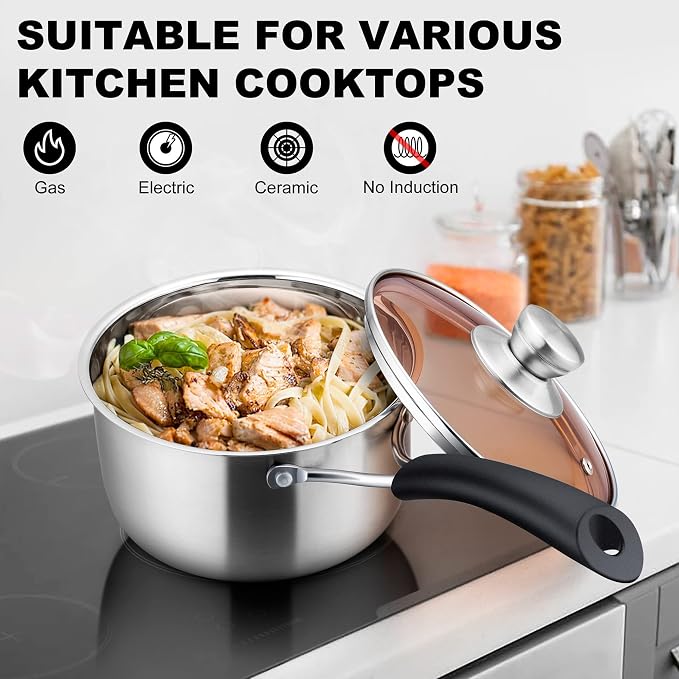 LIANYU 2QT Saucepan with Lid, Stainless Steel Sauce Pan, Induction Ready | Small Kitchen pot, Stay-cool Handle, Multipurpose Cooking Pot for Milk, Soup & Butter, Healthy & Non Toxic, Dishwasher Safe
