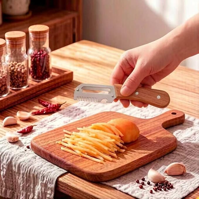 2Pcs Multifunctional Vegetable Peelers, 3-in-1 Kitchen Peeler with Wooden Handle, Stainless Steel Blade, Scallion Shredder and Built-in Bottle Opener, Fruit & Vegetable Peeling Tool