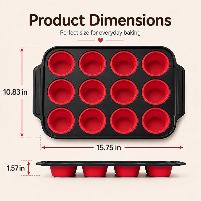 Silicone Muffin Pans for Baking, 12-Cup Muffin Tin with Metal Frame | Reinforced Metal Frame, 12-Cup Size, Easy Release Cups, Nonstick Silicone, Oven & Dishwasher Safe