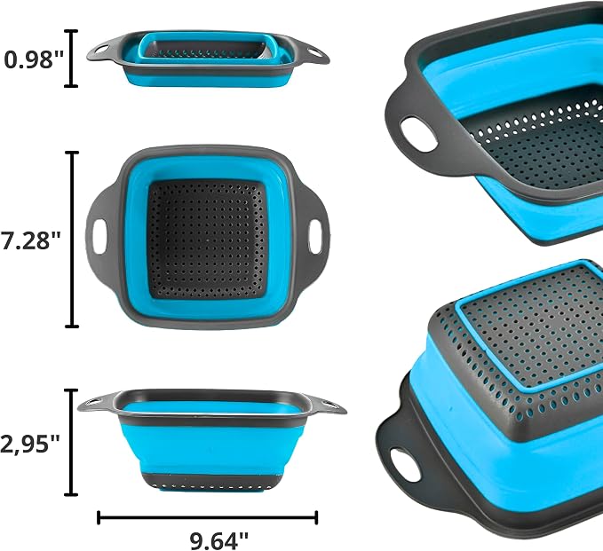Square Collapsible Colander with Handles – Blue Square Silicone Kitchen Strainers with Plastic Handles Foldable Kitchen Strainer Perfect for Draining Pasta Vegetable and Fruit Blue