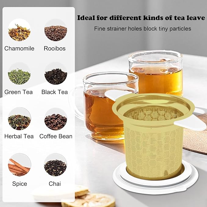 Tea Infuser for Loose Leaf Tea, 304 Stainless Steel Strainer Basket Gold | Fine Mesh Steeper, Heat Resistant, Silicone Handle, Lid Included, Large Capacity, Mug Filter, Fits Standard Cups