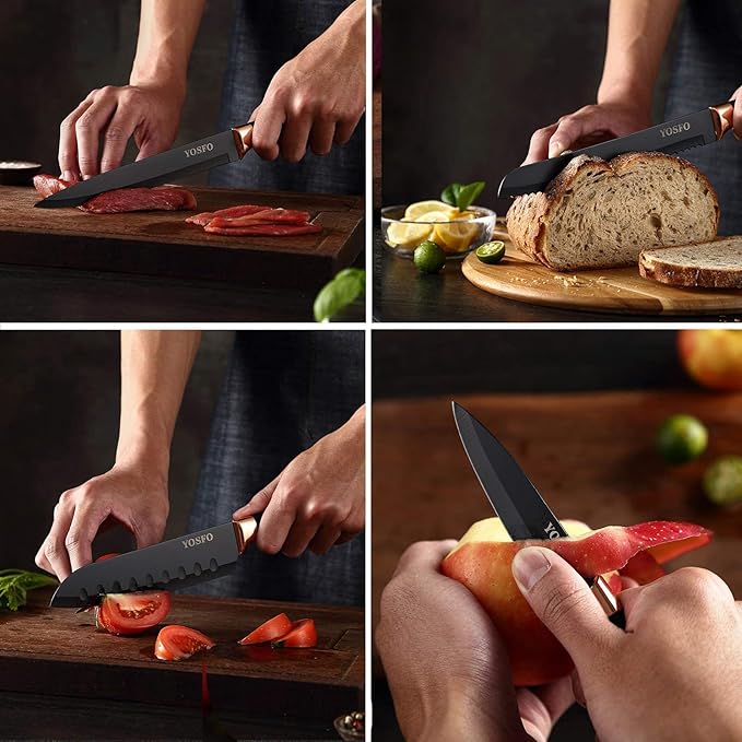 Kitchen Knife Set with Block, Knives Set with Acrylic Stand, 17Pcs Stainless Steel Cutlery Knife Block Set includes Serrated Steak Knives Set, Chef Santoku Knives, Scissor, Sharpener and Holder
