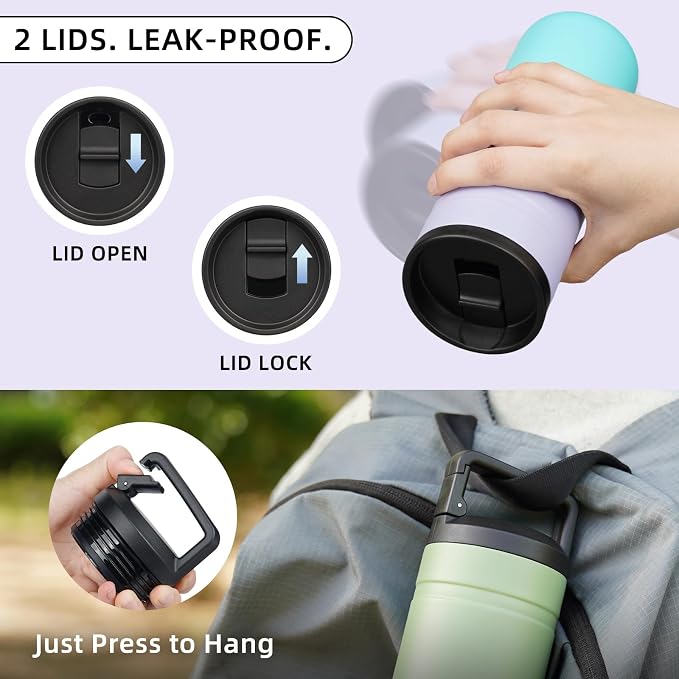 BJPKPK 20 oz Insulated Travel Water Bottle, Coffee Tumbler Stainless Steel | Double Wall Vacuum, Leakproof, Thermal, Keeps Hot/Cold, Dishwasher Safe, Spill Proof, Wide Mouth, 2 Lids, Lavender Green