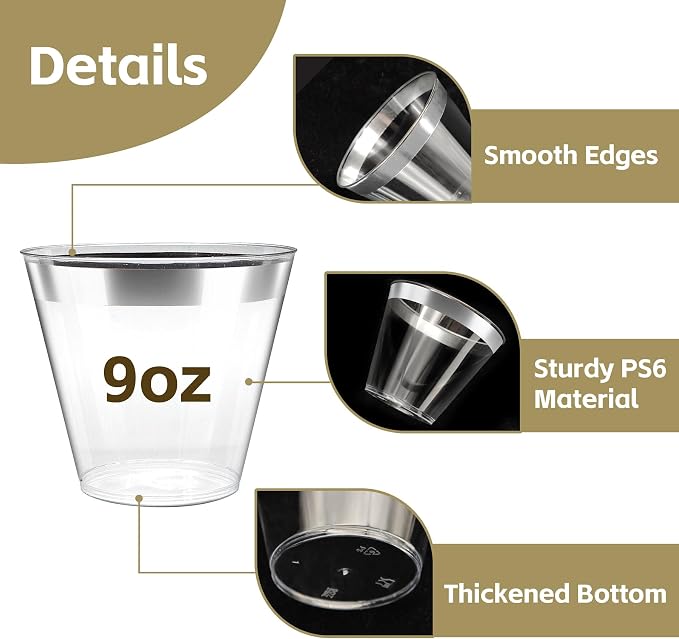[200 Pack] 9oz Clear Plastic Cups with Silver Rimmed Sturdy & Food Safe Disposable Wine Glasses Party Wedding Disposable Drinking Cups Plastic Cocktail Glasses for Wine, Juice & Cold Beverages