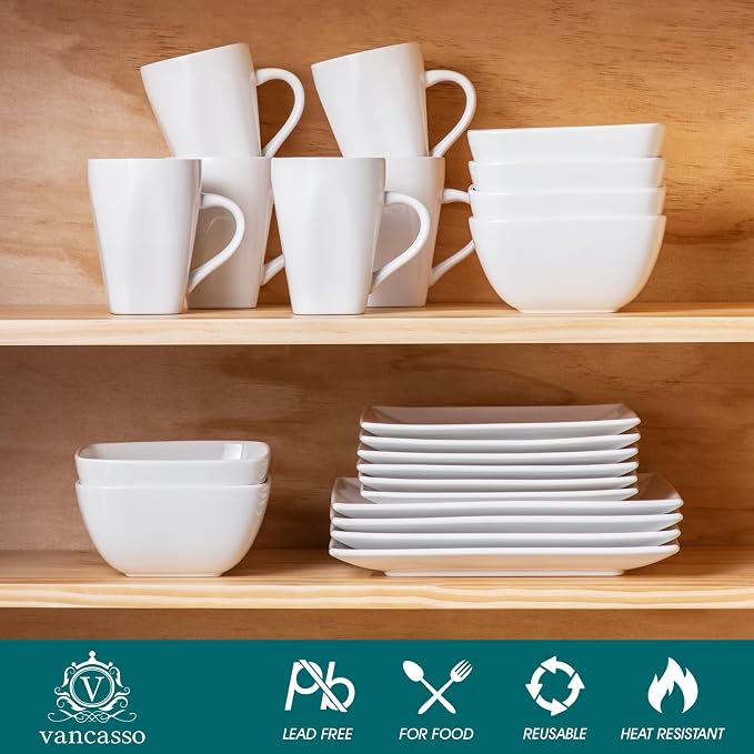 vancasso Soho Dinnerware Sets 24 Pieces, White Stoneware Square Place Setting, Dinner Plate, Dessert Plate, Cups and Plates Sets for Kitchen, Dish Set for 6, White