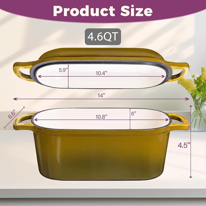 4.6-Quart Oval Dutch Oven for Bread Baking | 2 in 1 Cast Iron Bread Pan with Lid, Sourdough Baking Pan for a Crispy Crust, Olive