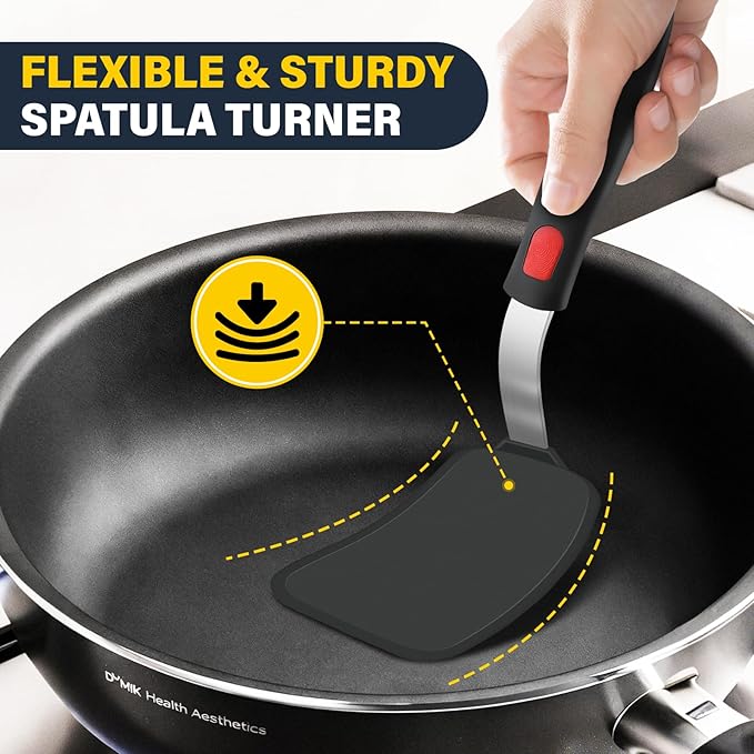 Silicone Spatula Set, Heat Resistant Solid & Slotted Turner for Non-Stick Pans, Silicone Cooking Utensils Set, BPA-Free, Flexible Spatula Turner for Flipping Eggs, Burgers, Pancakes, Black, 3 PCS-A