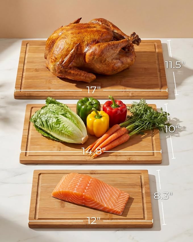 CARTMAN 3-Piece Bamboo Cutting Boards for Kitchen with Stand & Holder | Includes 3 sizes & dual-purpose stand for charcuterie, 100% non-toxic bamboo, deep juice groove, warp-proof 3-layer