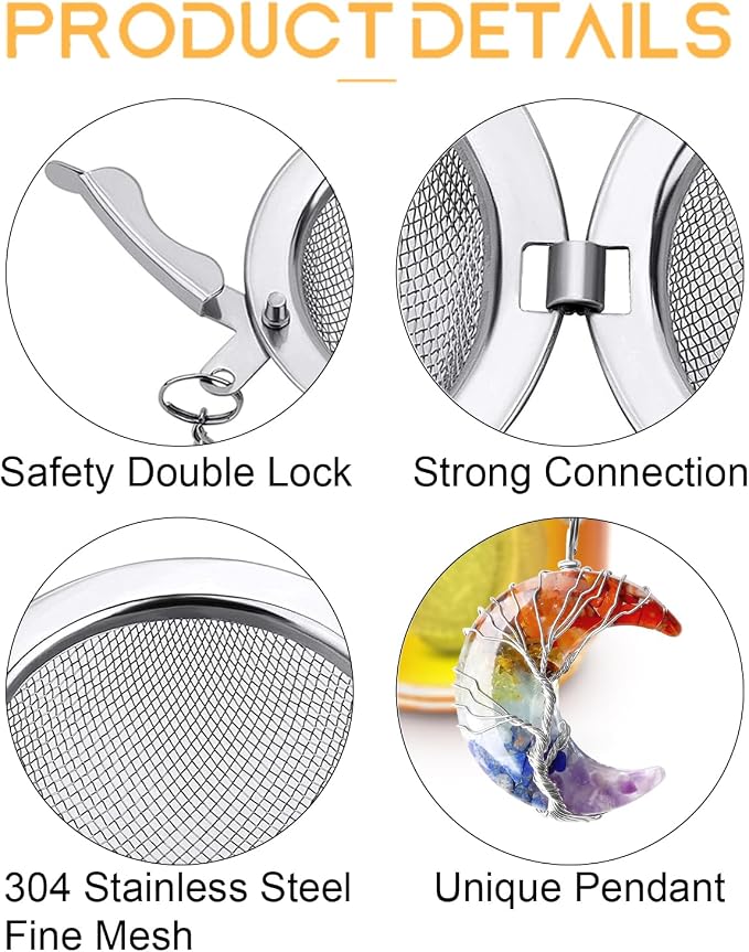 TeaSanavie 7 Chakra Healing Crystal Tea Infuser Set - Reiki Quartz Gemstone Wire Wrapped Crescent Moon & Tree of Life Pendants, Stainless Steel Loose Leaf Tea Steeper