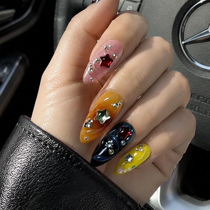 Handmade Press on Nails - Luxury Star & Rhinestone Design Medium Almond Thicked Fake Nails Muti-Layer Gel Handmade Acrylic Nails with 3D Charms Full Cover Stick on Nail for Women 10Pcs（S)