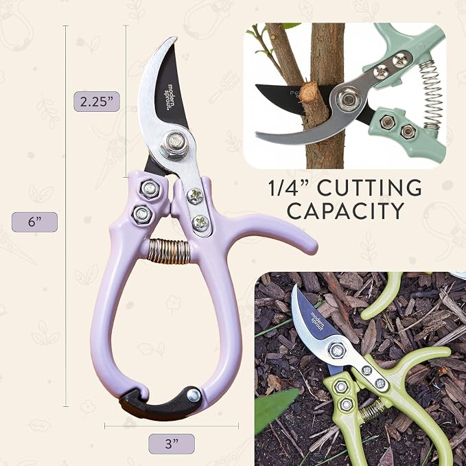 Modern Sprout Bypass Hand Pruners - Scissors - Gardening Tools - Lavender | Lightweight Pruning Tool W/ Easy-Lock - Sharp Bypass Carbon Steel Blade - Rust-Resistant - Reusable Holster for Storage