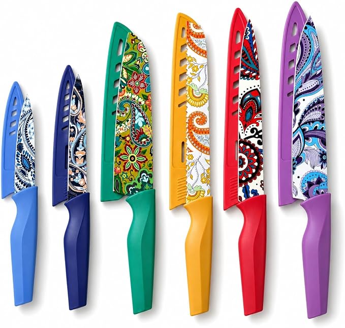 Astercook Paisley Pattern Knife Set with Cover | Dishwasher Safe, 6 Knife Sheath, German Stainless Steel, Rainbow Colorful Design