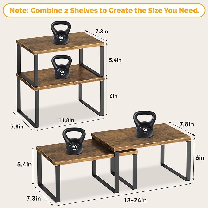 Kitchen Cabinet Organizer Shelf, Set of 4 Wood Kitchen Counter Shelves Riser with Metal Legs, Stackable Expandable Kitchen Storage Spice Rack, Can Cup Dish Organizer, Rustic Brown