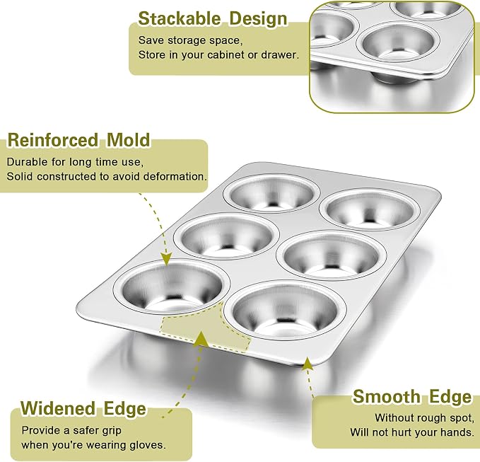 P&P CHEF 6-Cup Muffin Pan Tin, Stainless Steel Cupcake Pan, 1Pc | Muffin Tin for Oven Baking, Dishwasher Safe, Non-Toxic, Standard Size, Ideal for Homemade Muffin Cup Cake Tart Quiche