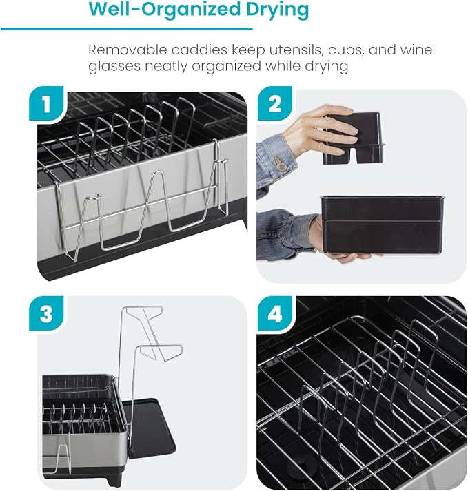 Home Zone Living Dish Drying Rack for Kitchen Counter | Stainless Steel with Drip Tray, Extendable Water Drainage Pipe, and Holders for Utensils, Wine Glasses and Cutting Board