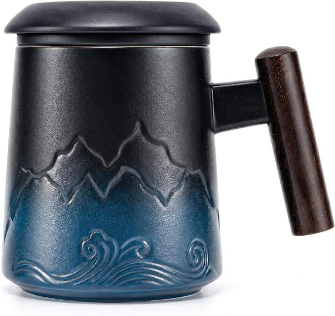 Tea Cup with Infuser and Lid, 14oz Ceramic Loose Leaf Tea Steeper Cup with Wood Handle and Cup Lid, Blue, Black | 14oz Ceramic Tea Mug with Lid, Loose Leaf Tea Steeper Cup with Wood Handle for Tea Lovers Gifts