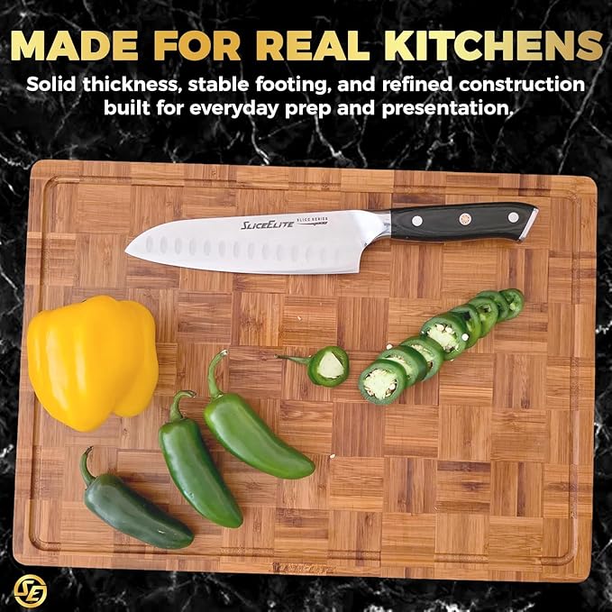 SliceElite Extra Large Bamboo Cutting Board Set 3 Piece End Grain Wooden Chopping Boards with Holder Non Slip Feet Juice Groove XL Butcher Block Style Boards for Kitchen Carving and Serving